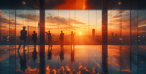 Poster - 6 silhouette of business men and women talking each other inside a modern hall on the distance there is a modern city with skyscrapers and some small trees at sunrise. Generative AI.