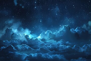 Wall Mural - Night Sky Clouds. A Starlit Summer Night Landscape in Blue Cosmos