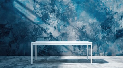 Poster - Table And Wall - Modern White Table with Legs and Empty Space Against Blue Wall Texture