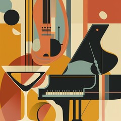 Poster - Abstract artwork featuring a violin, grand piano, and martini glass in geometric shapes and warm colors.