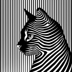 Poster - Abstract black and white striped cat illustration expressing modern art. Intriguing optical illusion in monochrome shades.