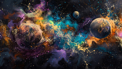 Wall Mural - a painting of a colorful galaxy with three planets in the foreground by ai generated image