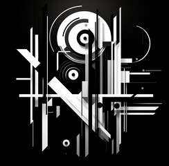 Poster - Abstract geometric black and white digital art with angular shapes and circles in a futuristic style.