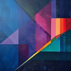Poster - Abstract geometric composition with vibrant colors and shapes on a dark background, showcasing modern art design.