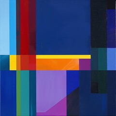 Poster - Abstract geometric painting with vibrant multicolor blocks and lines on a dark blue background, showcasing modern art and bold design.
