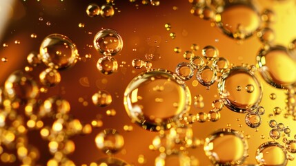 Poster - A close up of bubbles in a liquid with a golden hue, appetizing beer background