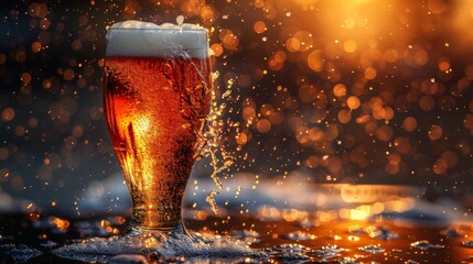 Canvas Print - A glass of beer is sitting on a table with a splash of foam on the side