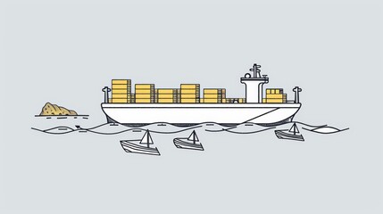 Wall Mural - Minimalist drawing of a large ship carrying many containers and small pilot ships around it, maritime transport concept