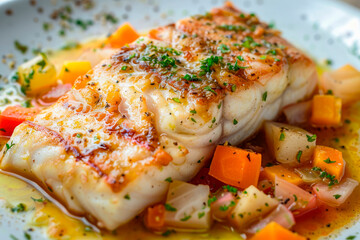 Poster - White fish fillet with vegetables and potatoes on gray background