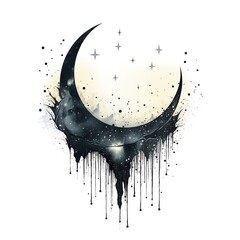 Artistic black ink illustration of a crescent moon and stars with a dripping effect, perfect for mystical and celestial-themed designs.