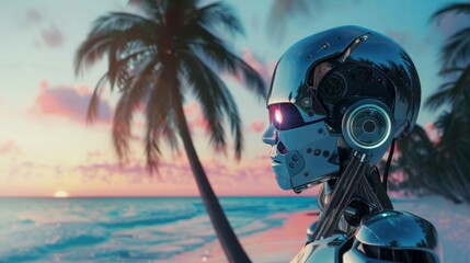 Leinwandbilder - A robotic figure stands tall on a sandy beach lined with tropical palm trees under clear skies.