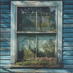 Poster - Old mossy windows on a blue house in the suburban