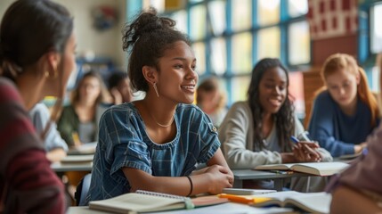 Poster - A group of students of varying ages are seated at individual desks in a classroom, engaging in various learning activities.