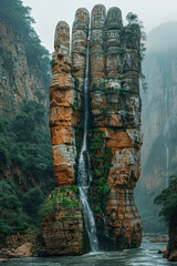 Wall Mural - A giant whose outstretched arm forms a towering cliff, with waterfalls cascading down from its fingers into a river below,