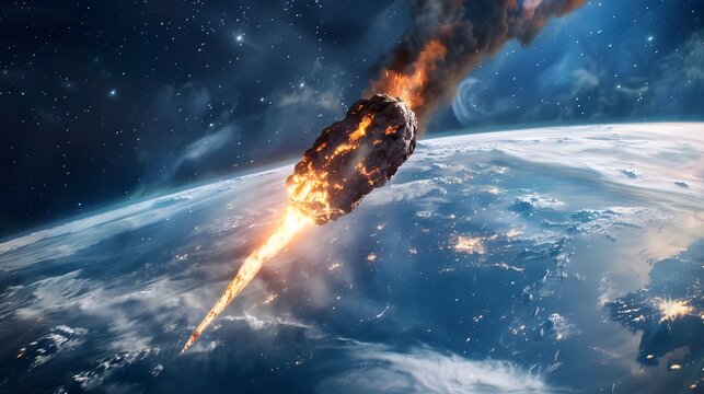 Asteroid entering Earth's atmosphere prior to collision, space meteor warning, comet hazard, and potential for catastrophic worldwide events
