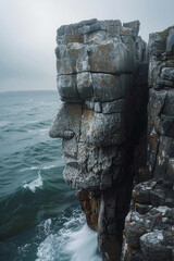 Canvas Print - A stone giant whose body forms a natural fortress of cliffs and caves, protecting a hidden valley within,