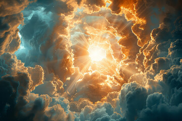 Poster - A chaotic vortex of swirling clouds and cosmic dust, with beams of light breaking through to create order,