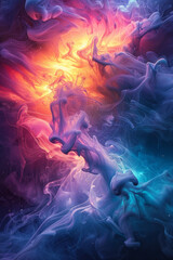 Poster - A chaotic blend of colors and forms, slowly converging to create a sense of cosmic balance and harmony,