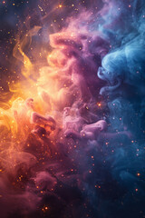 Poster - a chaotic blend of colors and forms, slowly converging to create a sense of cosmic balance and harmo
