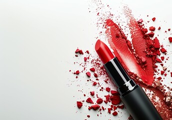 Wall Mural - A red lipstick is on a white background with red powder