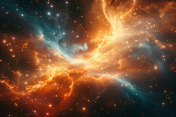 Poster - A chaotic explosion of light and color, with particles and energy streams gradually forming the fabric of the cosmos,