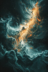 Poster - An abstract depiction of the early universe, with chaotic swirls and bursts of energy beginning to coalesce into stars and galaxies,