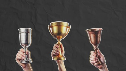 female hands, rejoicing in victory, raise award cups: gold, silver and bronze. stop motion animation
