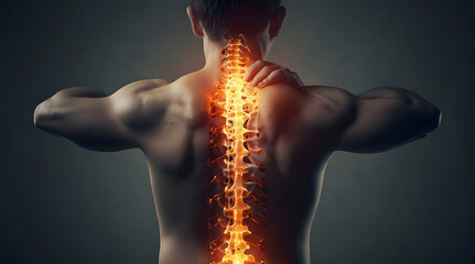 Glowing Visual Depiction of a Man Experiencing Back Pain, Emphasizing the Complexity and Vulnerability of the Spinal Region to Injuries and Strain