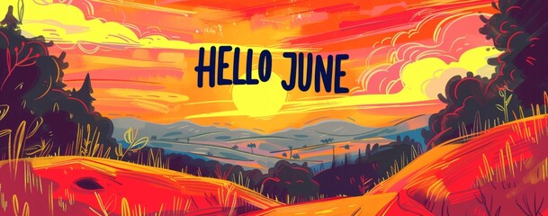 Wall Mural - A sunset over the landscape with text 