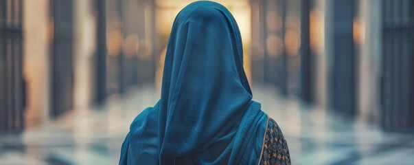 From behind, a hijab-clad woman in a navy blue jacket stands before a prison with a blurred background