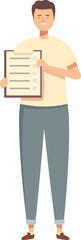 Poster - Professional male character presenting a checklist document on a clipboard in flat design illustration, holding a list of tasks for organization, planning, and efficient business management