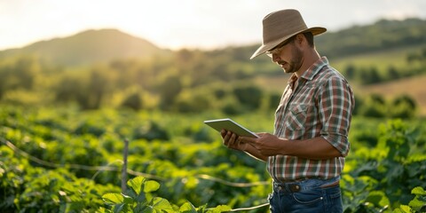 Farmer using a tablet amidst vineyard rows at golden hour, representing modern agriculture