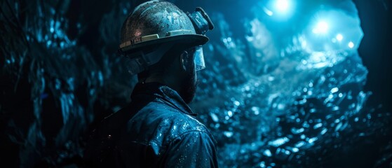 Wall Mural - A miner wearing a hard hat and headlamp is working in a dark mine.