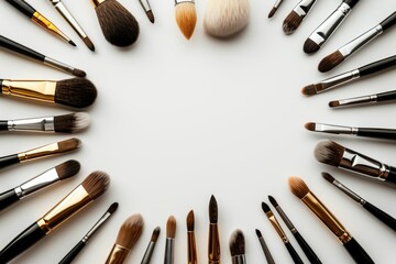 Wall Mural - A collection of makeup brushes in a circle on a white background