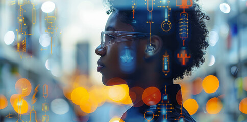 Poster - An academically outstanding student receives a top award for a science fair project, inspiring and commendable image of a double exposure silhouette with science fair displays. Generative AI.