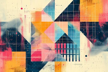 Wall Mural - A colorful abstract painting with a lot of different shapes and lines. Risograph effect, trendy riso style