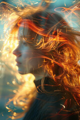 Poster - Hair flowing like a river of smoke and mirrors, creating illusions and reflections that symbolize creative imagination,