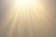 © Alesya - Flash gold light with rays and spotlight. Golden star burst with sparkles. Translucent shine sun, bright flare. Sunlight glowing png effect. Yellow beam sunrays on transparent background. Vector