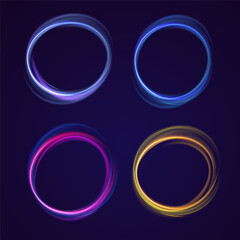 Poster - Set of neon blurry light circles at motion . Vector swirl trail effect. Abstract vector fire circles, sparkling swirls and energy light spiral frames.