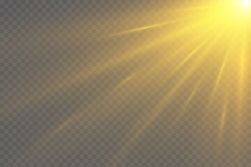 Poster - Flash gold light with rays and spotlight. Golden star burst with sparkles. Translucent shine sun, bright flare. Sunlight glowing png effect. Yellow beam sunrays on transparent background. Vector