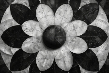 Poster - A pattern of black and white crescents, arranged in a circular fashion to create a mandala-like design,