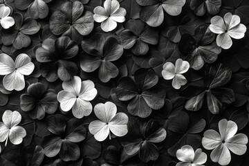 Poster - A pattern of black and white clovers, arranged in a tessellated fashion to create a cohesive and balanced look,