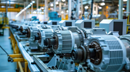 Wall Mural - Industrial electric motors lined up on assembly line in manufacturing plant, showcasing industrial equipment and production.