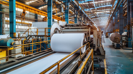 Wall Mural - Industrial paper roll processing line within a factory setting, showcasing large machinery and conveyor system in operation.