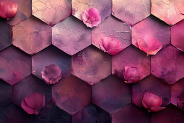Poster - A grid of hexagons with a gradient from soft pink to dark rose, creating a gentle and romantic ambiance,