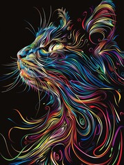  Vibrant digital illustration of a cat with swirling, colorful lines on a black background, blending abstract art with feline grace.