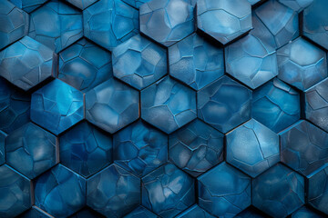 Leinwandbilder - Overlapping hexagons with varying shades of blue, forming a cohesive, structured background with a cooling effect,