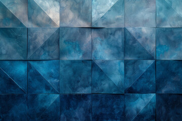 Poster - Minimalist illustration featuring irregular polygons in different shades of blue, arranged to create a calming, balanced visual effect,