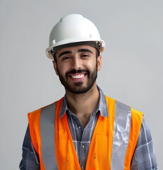 Smiling construction worker in safety gear. Young, professional, friendly. Perfect for safety ads. Portrait in studio setting. AI