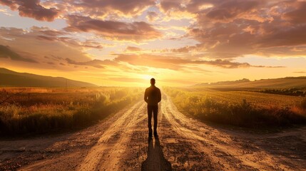 A solitary person walking down a dirt road towards a stunning sunset, symbolizing journey, hope, and adventure.